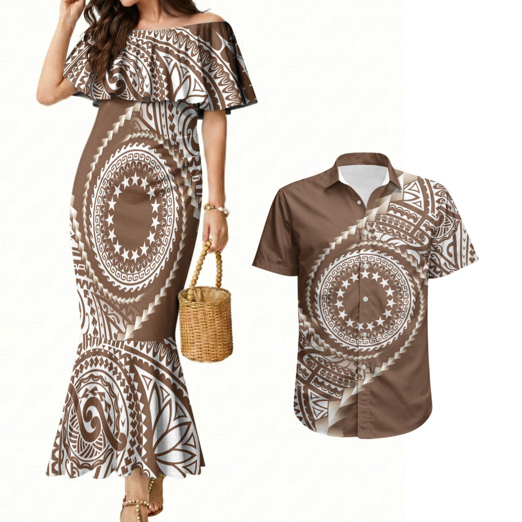 Cook Islands Gospel Day Couples Matching Mermaid Dress and Hawaiian Shirt Brown Tribal Curves LT05 Brown - Polynesian Pride