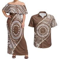 Cook Islands Gospel Day Couples Matching Off Shoulder Maxi Dress and Hawaiian Shirt Brown Tribal Curves LT05 Brown - Polynesian Pride