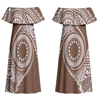 Cook Islands Gospel Day Couples Matching Off Shoulder Maxi Dress and Hawaiian Shirt Brown Tribal Curves LT05 - Polynesian Pride