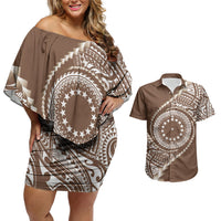 Cook Islands Gospel Day Couples Matching Off Shoulder Short Dress and Hawaiian Shirt Brown Tribal Curves LT05 Brown - Polynesian Pride