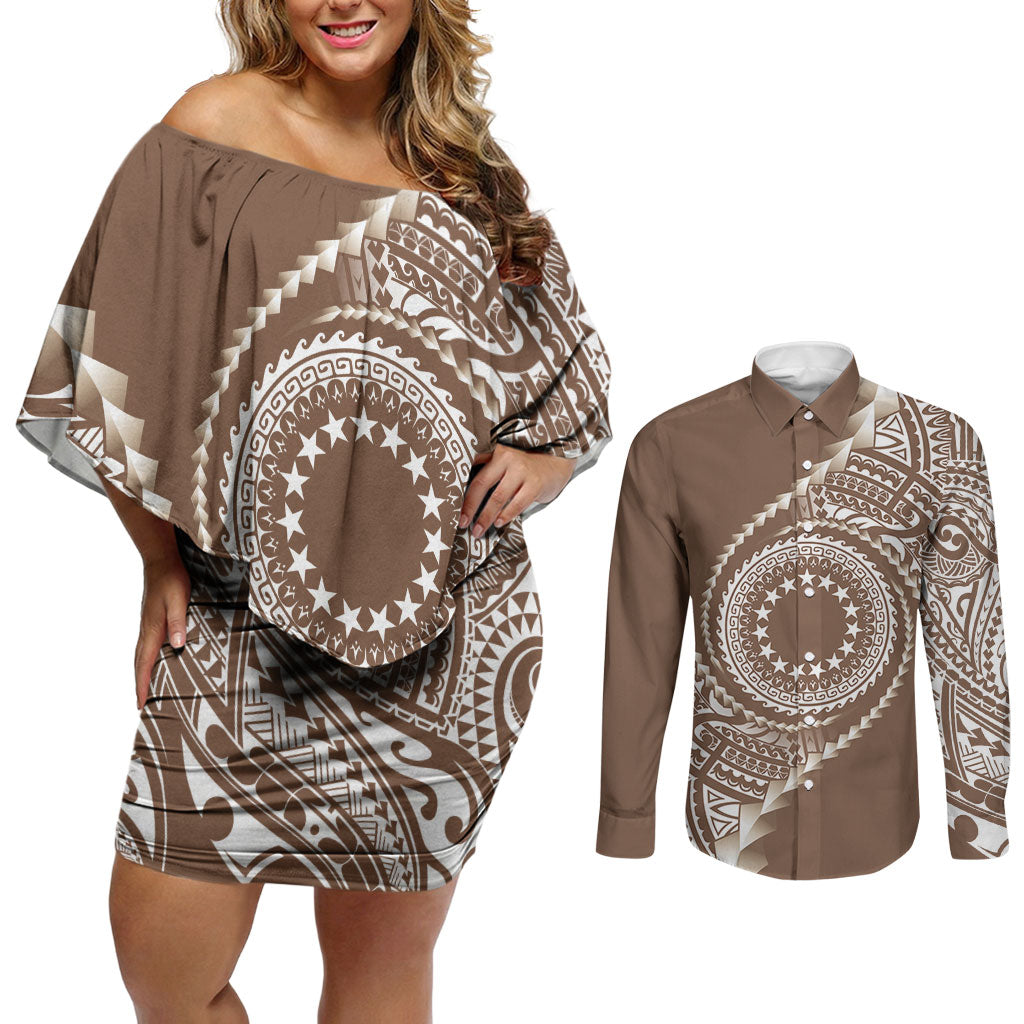 Cook Islands Gospel Day Couples Matching Off Shoulder Short Dress and Long Sleeve Button Shirt Brown Tribal Curves LT05 Brown - Polynesian Pride