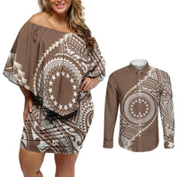 Cook Islands Gospel Day Couples Matching Off Shoulder Short Dress and Long Sleeve Button Shirt Brown Tribal Curves LT05 Brown - Polynesian Pride