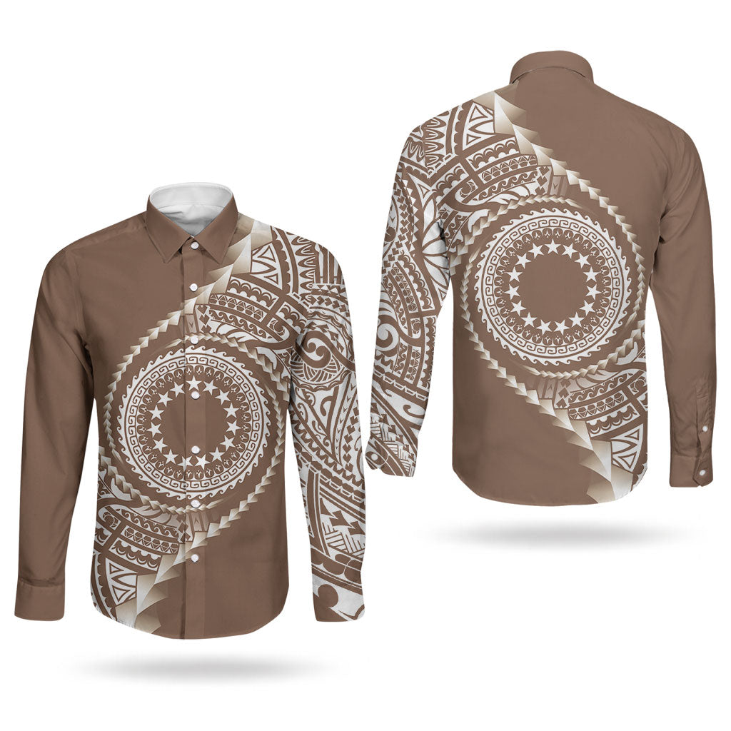 Cook Islands Gospel Day Couples Matching Off Shoulder Short Dress and Long Sleeve Button Shirt Brown Tribal Curves LT05 - Polynesian Pride