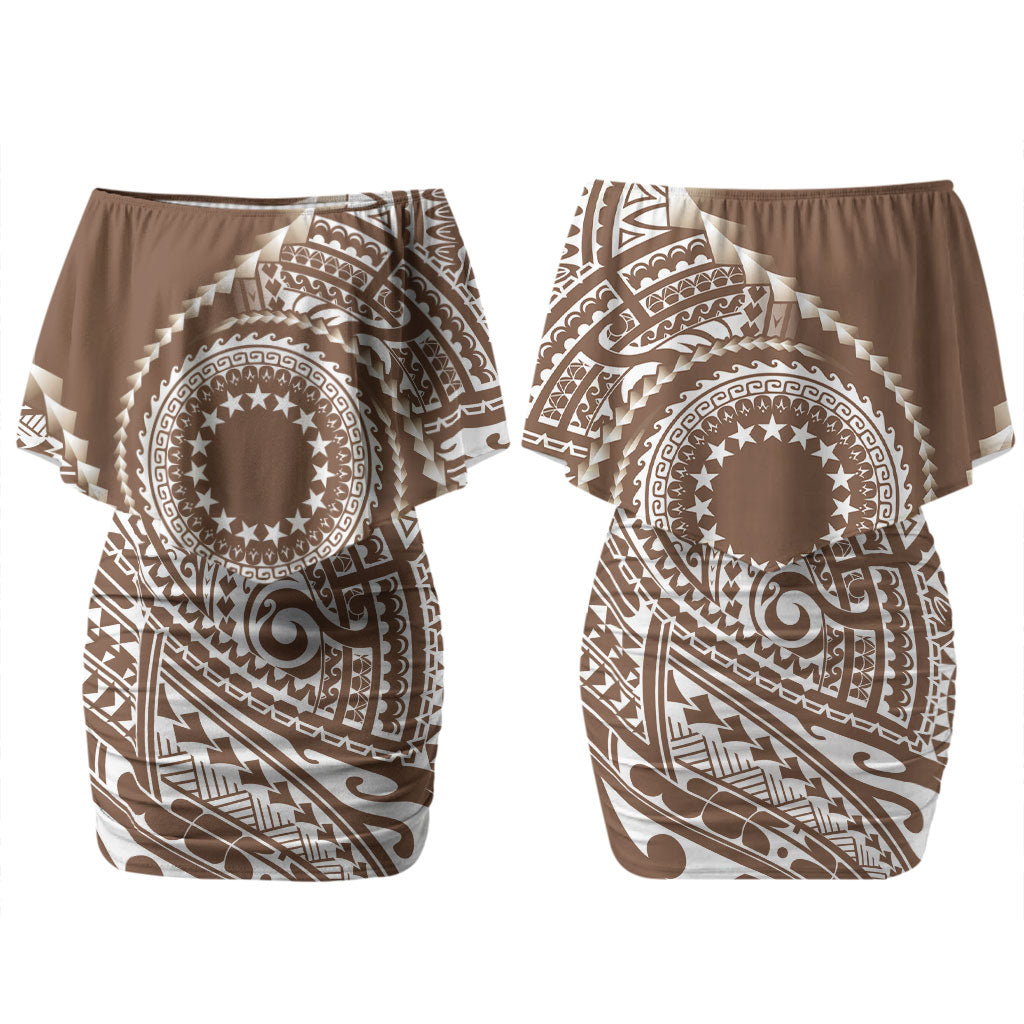Cook Islands Gospel Day Couples Matching Off Shoulder Short Dress and Long Sleeve Button Shirt Brown Tribal Curves LT05 - Polynesian Pride