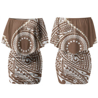 Cook Islands Gospel Day Couples Matching Off Shoulder Short Dress and Long Sleeve Button Shirt Brown Tribal Curves LT05 - Polynesian Pride