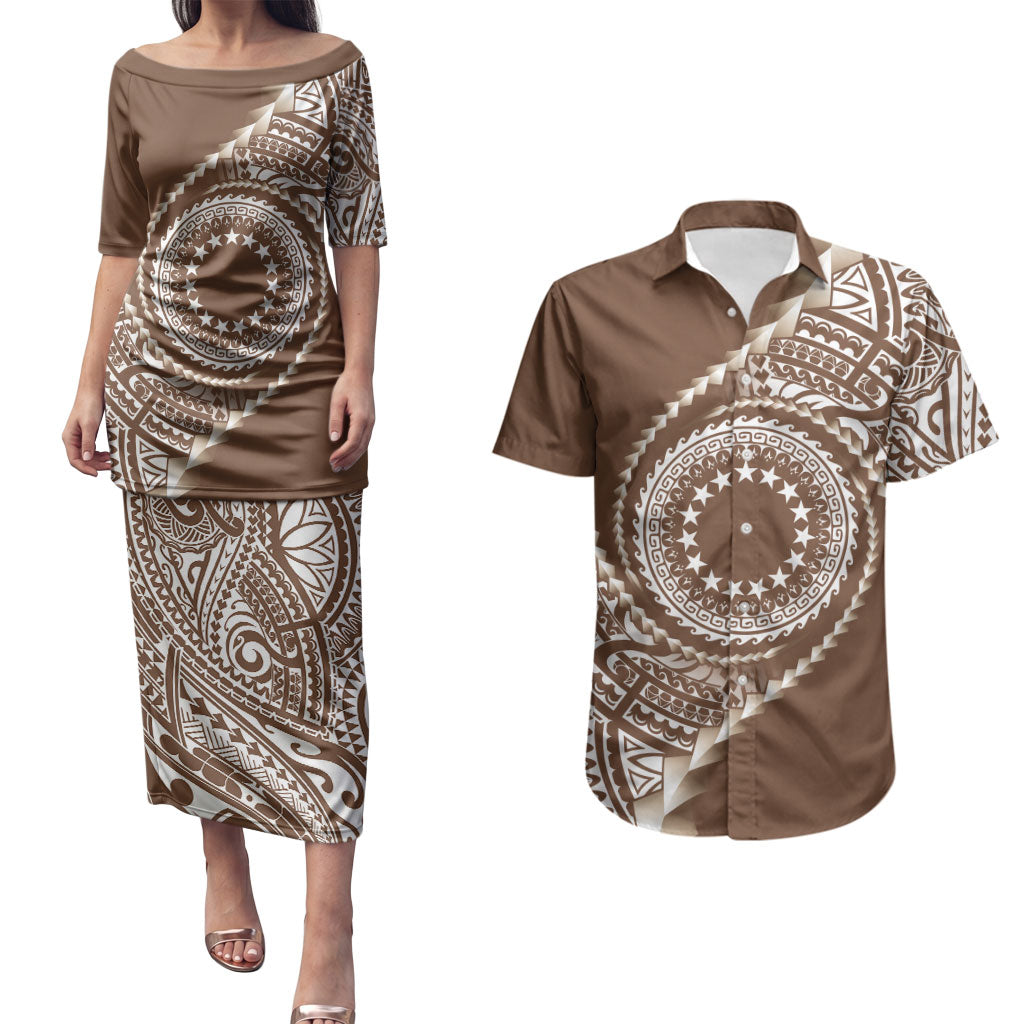 Cook Islands Gospel Day Couples Matching Puletasi and Hawaiian Shirt Brown Tribal Curves LT05 Brown - Polynesian Pride