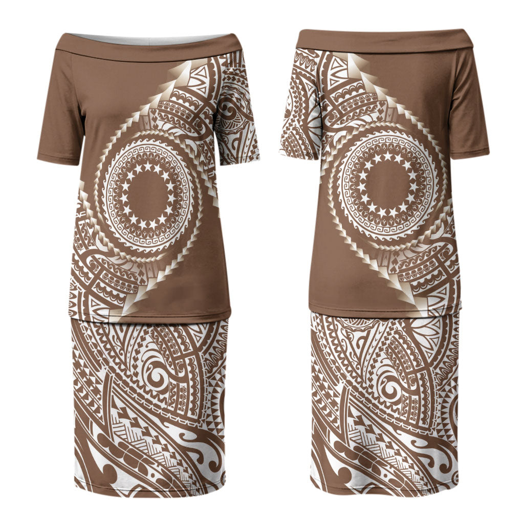 Cook Islands Gospel Day Couples Matching Puletasi and Hawaiian Shirt Brown Tribal Curves LT05 - Polynesian Pride