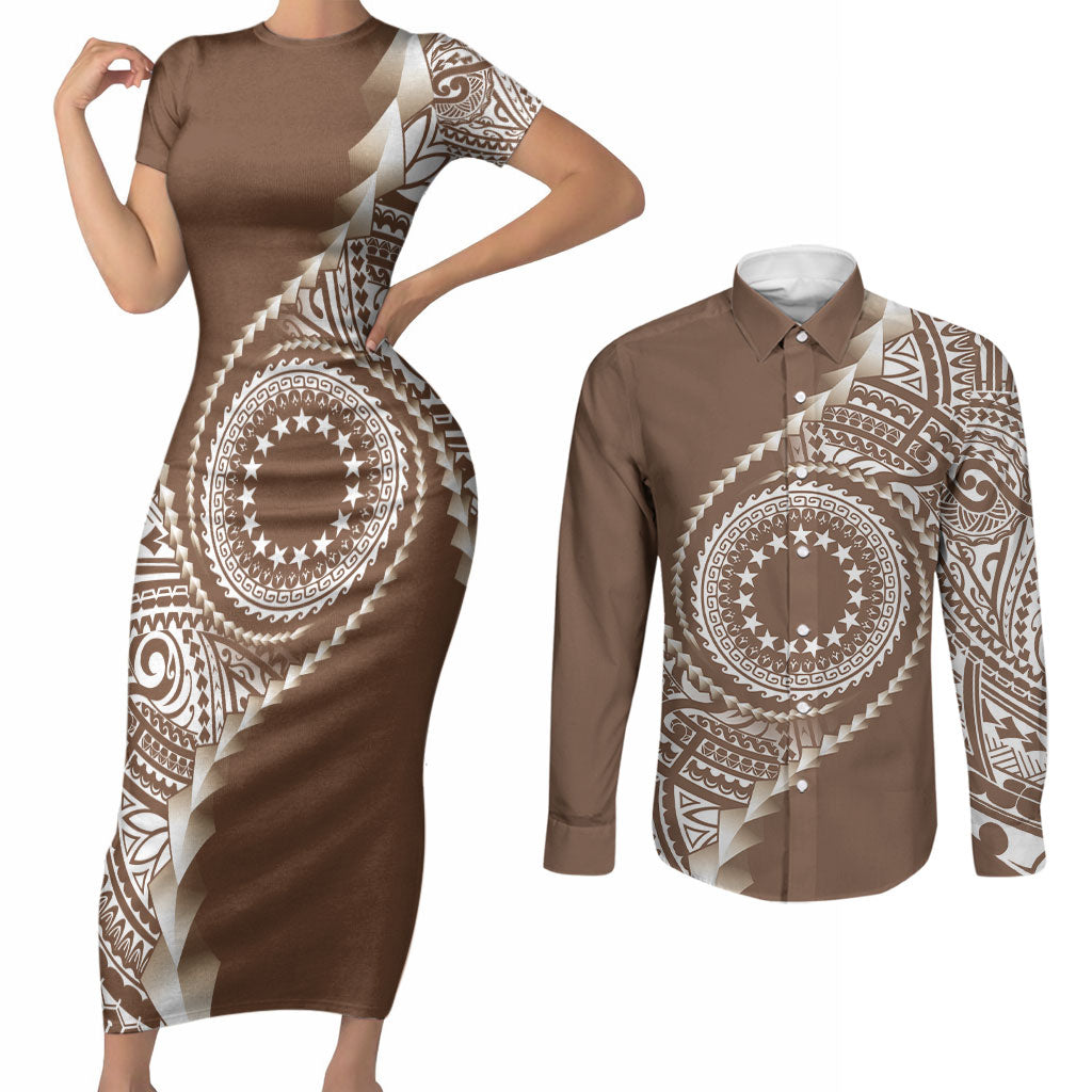 Cook Islands Gospel Day Couples Matching Short Sleeve Bodycon Dress and Long Sleeve Button Shirt Brown Tribal Curves LT05 Brown - Polynesian Pride