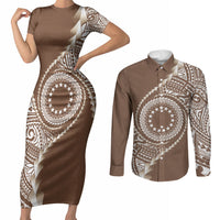 Cook Islands Gospel Day Couples Matching Short Sleeve Bodycon Dress and Long Sleeve Button Shirt Brown Tribal Curves LT05 Brown - Polynesian Pride