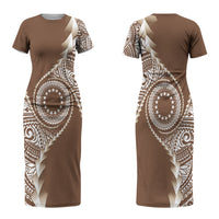 Cook Islands Gospel Day Couples Matching Short Sleeve Bodycon Dress and Long Sleeve Button Shirt Brown Tribal Curves LT05 - Polynesian Pride