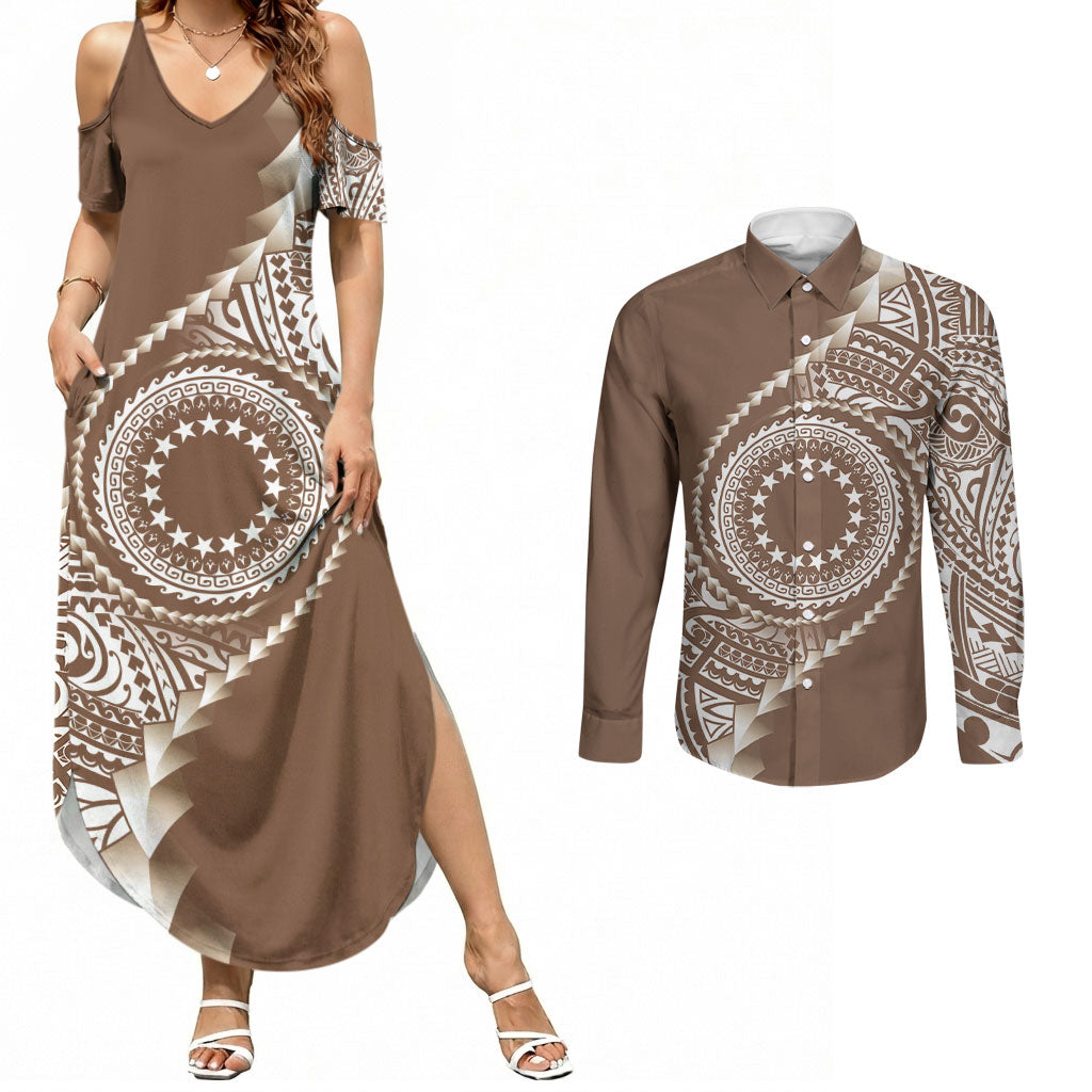 Cook Islands Gospel Day Couples Matching Summer Maxi Dress and Long Sleeve Button Shirt Brown Tribal Curves LT05 Brown - Polynesian Pride