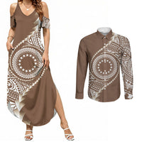 Cook Islands Gospel Day Couples Matching Summer Maxi Dress and Long Sleeve Button Shirt Brown Tribal Curves LT05 Brown - Polynesian Pride