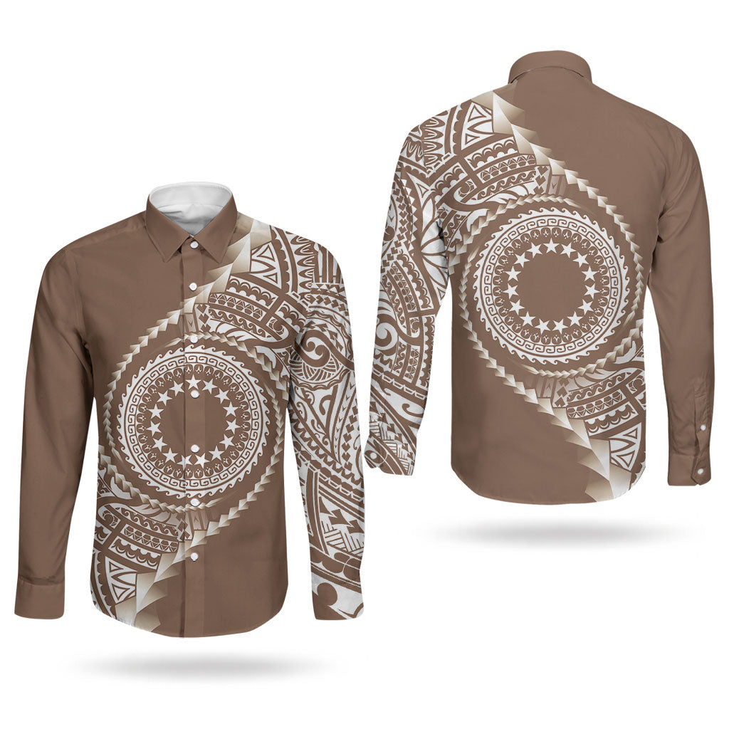 Cook Islands Gospel Day Couples Matching Summer Maxi Dress and Long Sleeve Button Shirt Brown Tribal Curves LT05 - Polynesian Pride