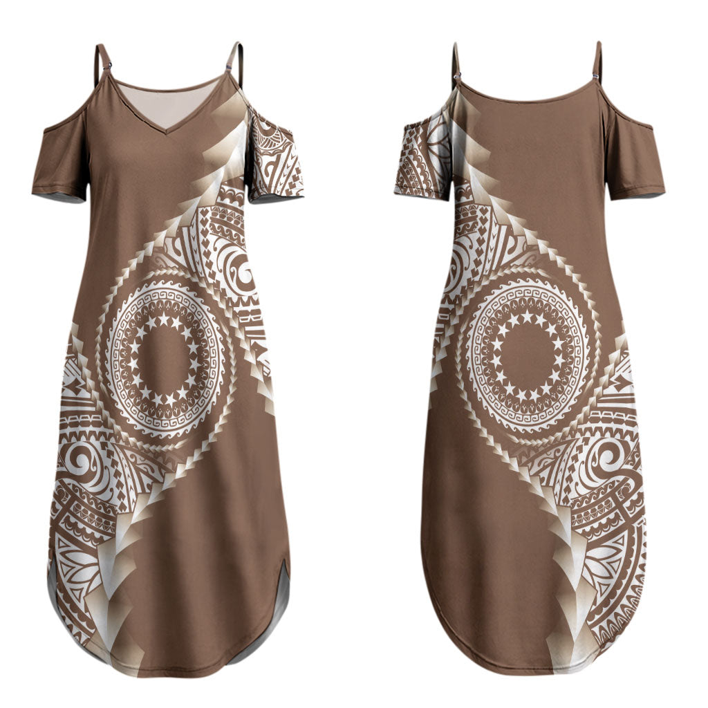 Cook Islands Gospel Day Couples Matching Summer Maxi Dress and Long Sleeve Button Shirt Brown Tribal Curves LT05 - Polynesian Pride