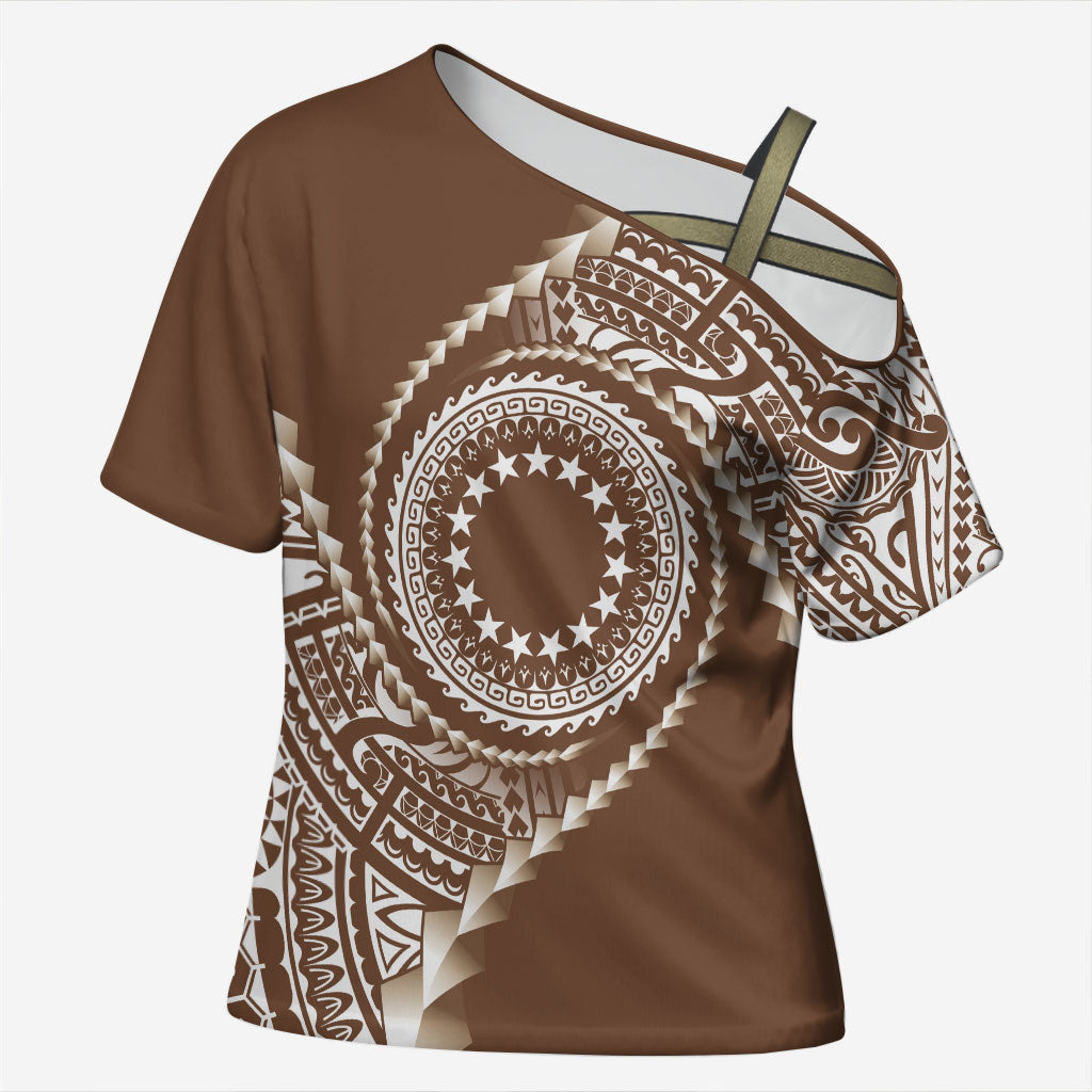 Cook Islands Gospel Day Cross Shoulder Shirt Brown Tribal Curves LT05 Female Brown - Polynesian Pride
