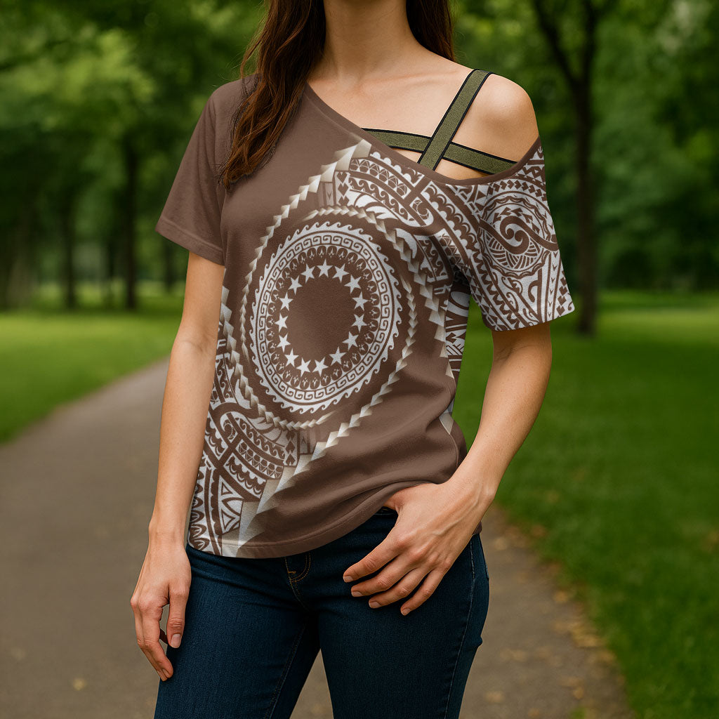 Cook Islands Gospel Day Cross Shoulder Shirt Brown Tribal Curves LT05 - Polynesian Pride