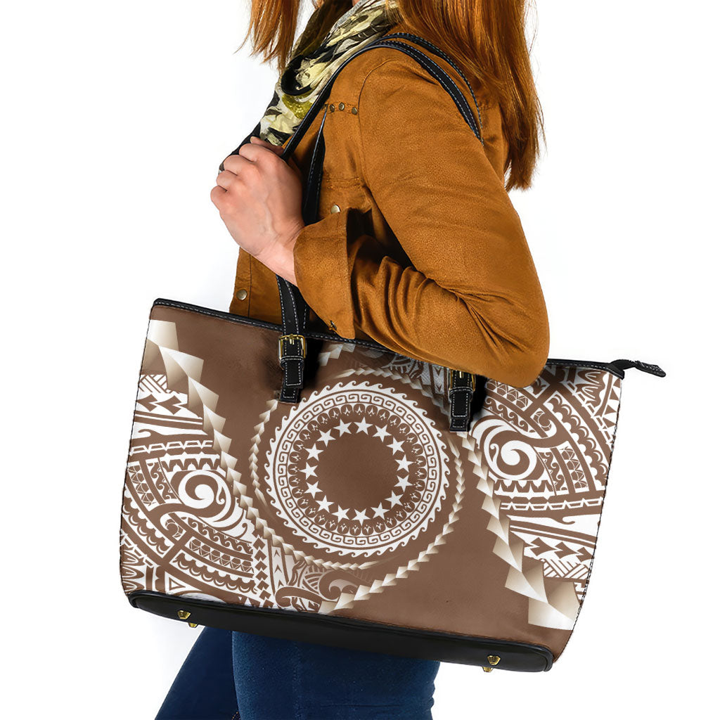 Cook Islands Gospel Day Leather Tote Bag Brown Tribal Curves LT05 Brown - Polynesian Pride