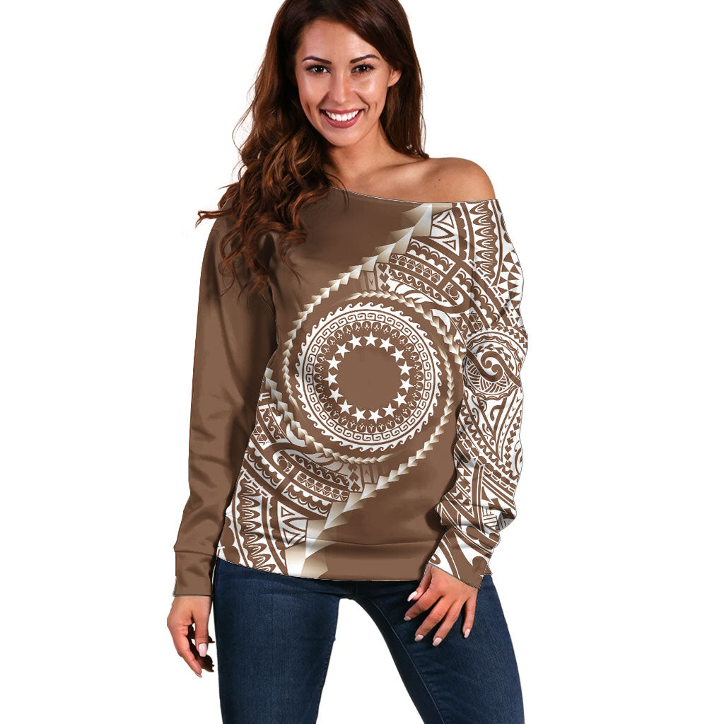 Cook Islands Gospel Day Off Shoulder Sweater Brown Tribal Curves LT05 Women Brown - Polynesian Pride