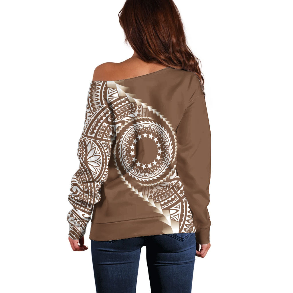 Cook Islands Gospel Day Off Shoulder Sweater Brown Tribal Curves LT05 - Polynesian Pride