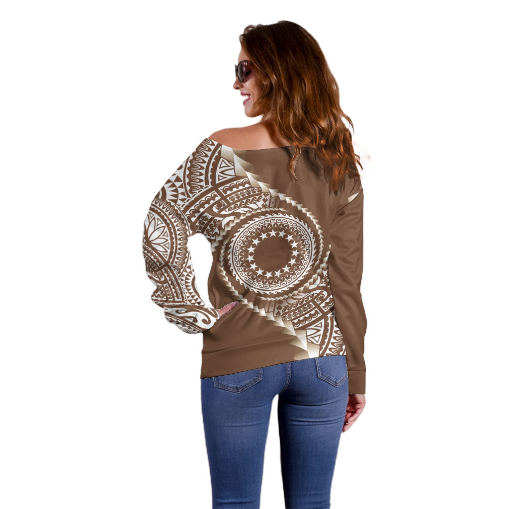 Cook Islands Gospel Day Off Shoulder Sweater Brown Tribal Curves LT05 - Polynesian Pride