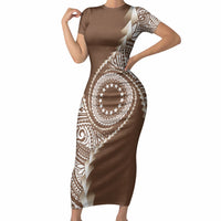 Cook Islands Gospel Day Short Sleeve Bodycon Dress Brown Tribal Curves LT05 Long Dress Brown - Polynesian Pride