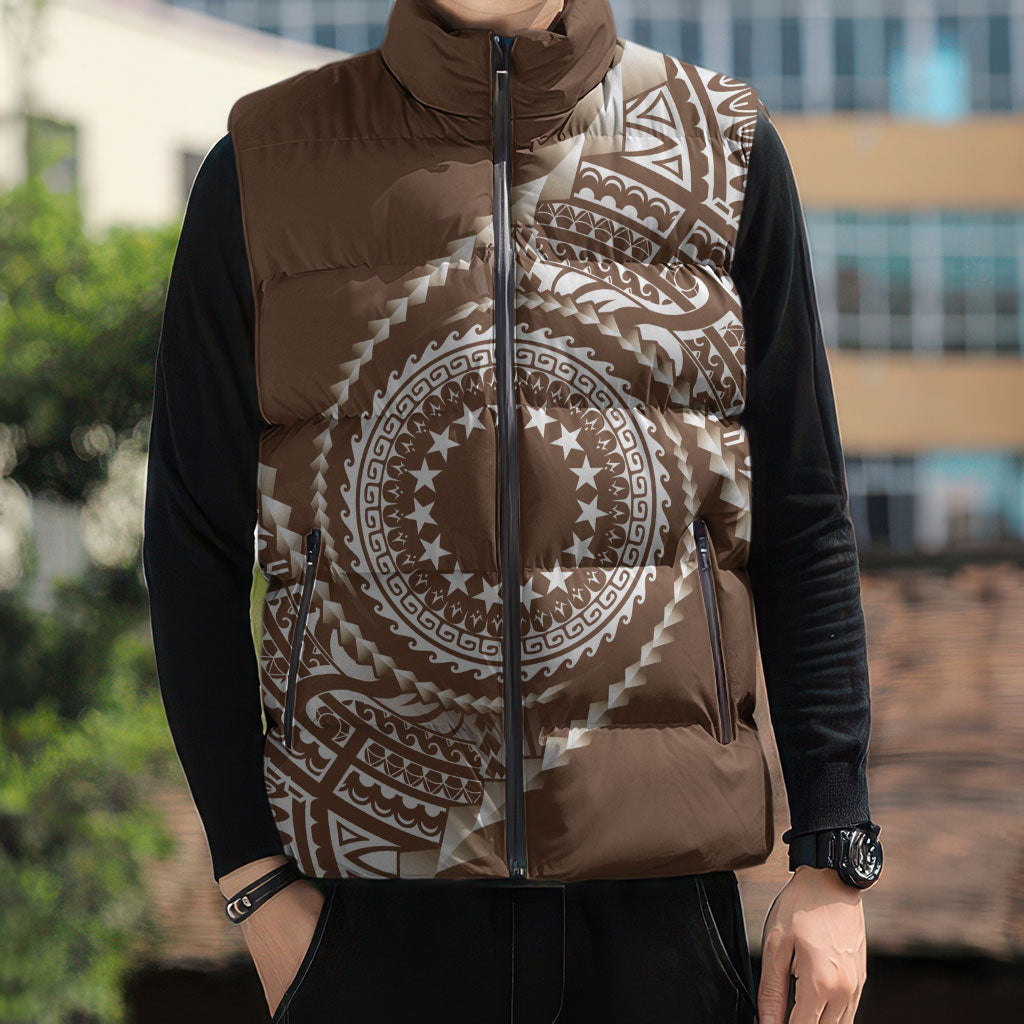 Cook Islands Gospel Day Sleeveless Puffer Jacket Brown Tribal Curves LT05 - Polynesian Pride