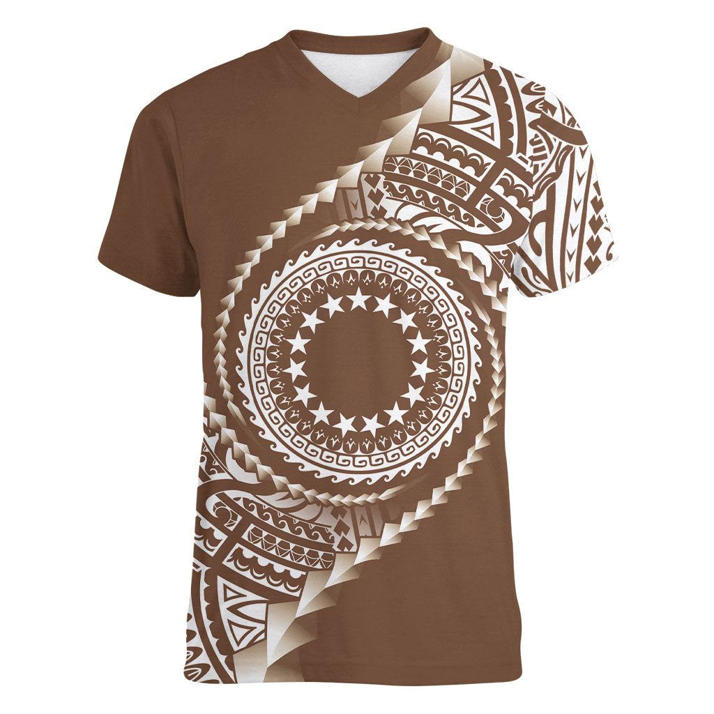 Cook Islands Gospel Day Women V-Neck T-Shirt Brown Tribal Curves LT05 Female Brown - Polynesian Pride
