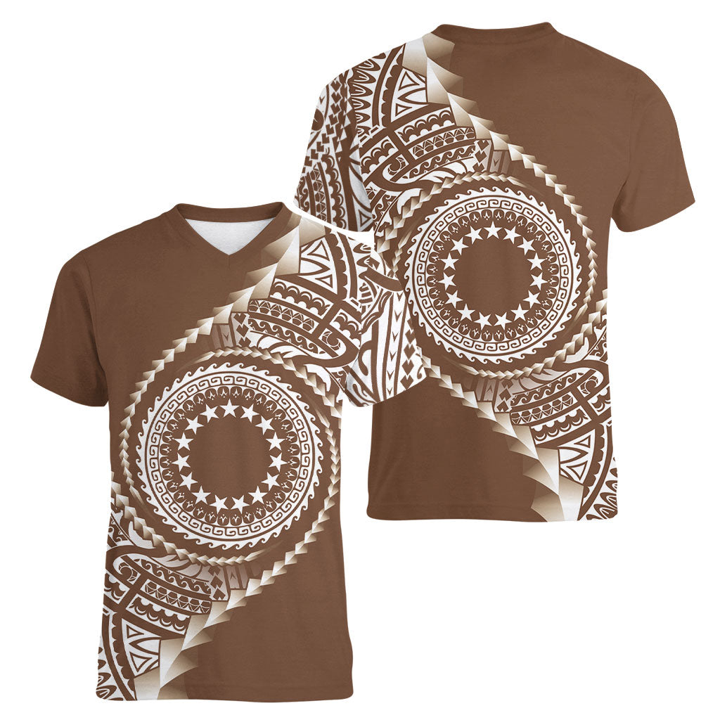 Cook Islands Gospel Day Women V-Neck T-Shirt Brown Tribal Curves LT05 - Polynesian Pride