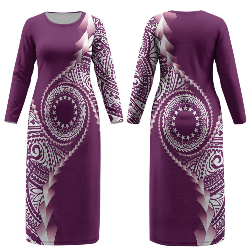 Cook Islands Gospel Day Couples Matching Long Sleeve Bodycon Dress and Long Sleeve Button Shirt Maroon Tribal Curves LT05 - Polynesian Pride