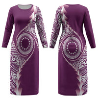 Cook Islands Gospel Day Couples Matching Long Sleeve Bodycon Dress and Long Sleeve Button Shirt Maroon Tribal Curves LT05 - Polynesian Pride
