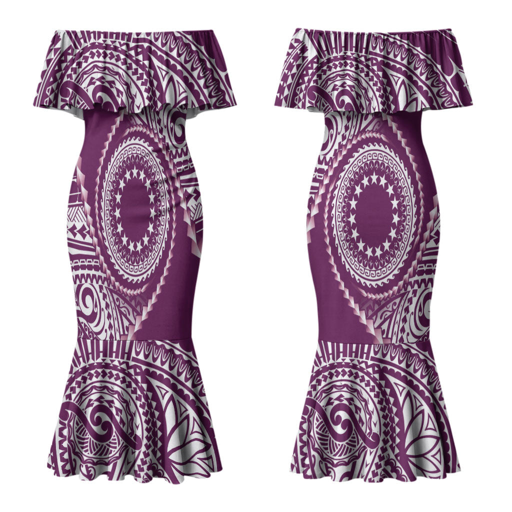 Cook Islands Gospel Day Couples Matching Mermaid Dress and Long Sleeve Button Shirt Maroon Tribal Curves LT05 - Polynesian Pride