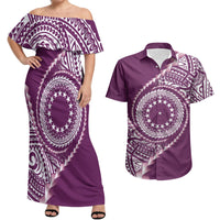 Cook Islands Gospel Day Couples Matching Off Shoulder Maxi Dress and Hawaiian Shirt Maroon Tribal Curves LT05 Maroon - Polynesian Pride
