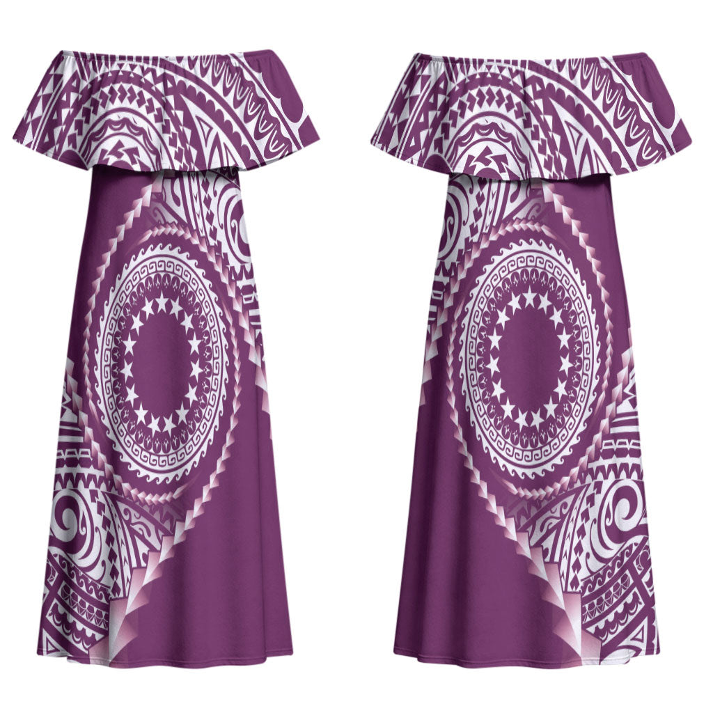 Cook Islands Gospel Day Couples Matching Off Shoulder Maxi Dress and Hawaiian Shirt Maroon Tribal Curves LT05 - Polynesian Pride