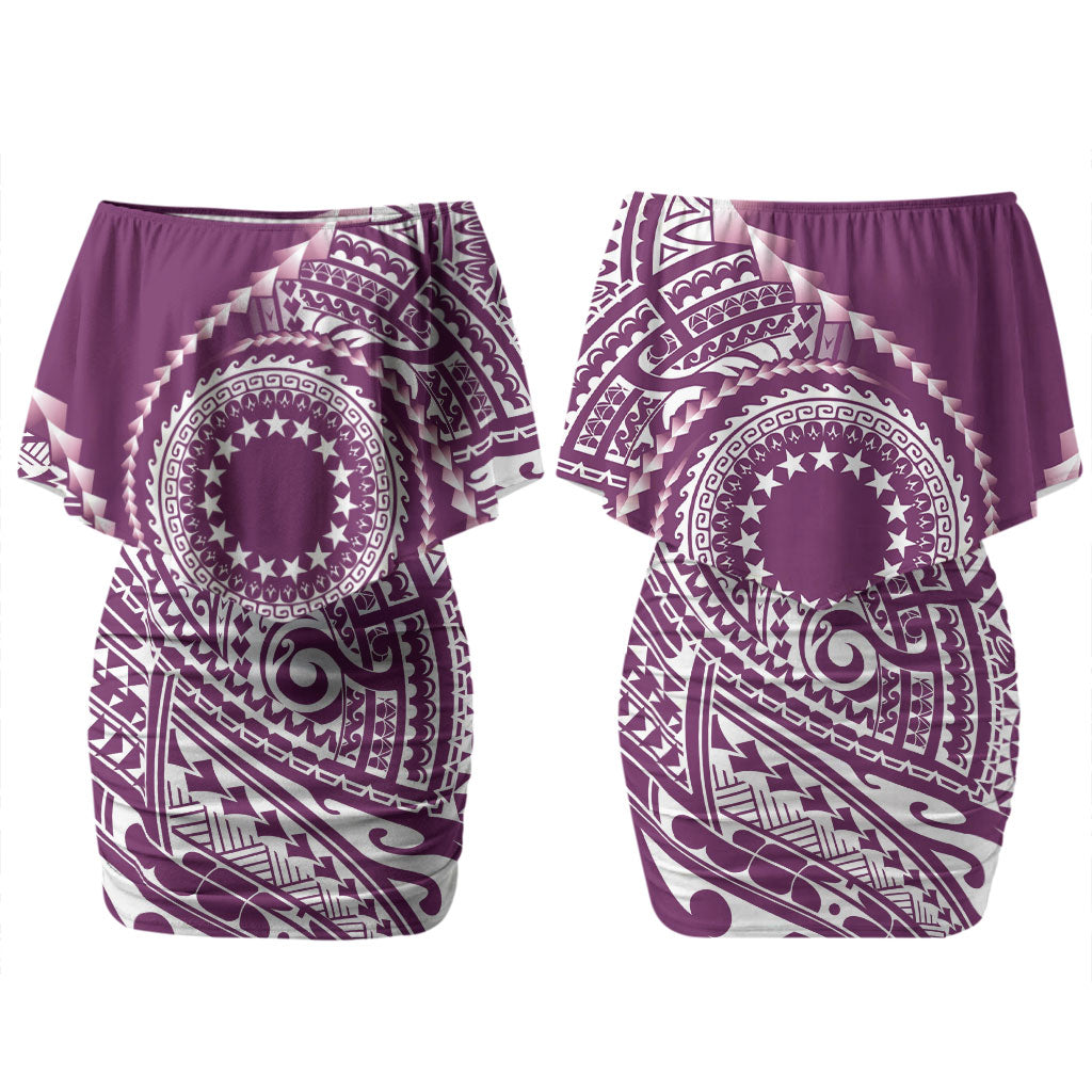Cook Islands Gospel Day Couples Matching Off Shoulder Short Dress and Hawaiian Shirt Maroon Tribal Curves LT05 - Polynesian Pride