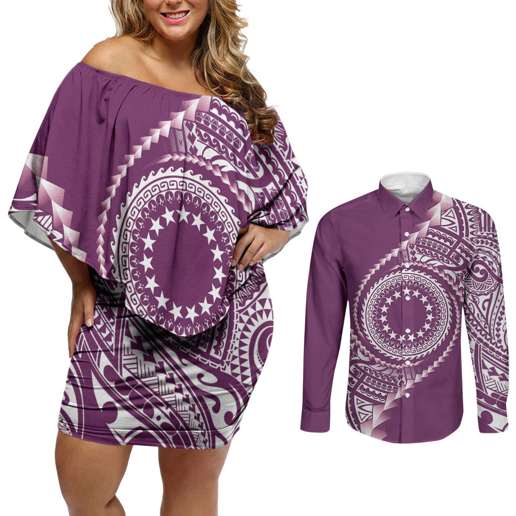 Cook Islands Gospel Day Couples Matching Off Shoulder Short Dress and Long Sleeve Button Shirt Maroon Tribal Curves LT05 Maroon - Polynesian Pride