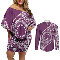 Cook Islands Gospel Day Couples Matching Off Shoulder Short Dress and Long Sleeve Button Shirt Maroon Tribal Curves LT05 Maroon - Polynesian Pride