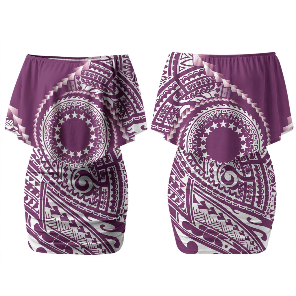 Cook Islands Gospel Day Couples Matching Off Shoulder Short Dress and Long Sleeve Button Shirt Maroon Tribal Curves LT05 - Polynesian Pride