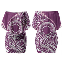 Cook Islands Gospel Day Couples Matching Off Shoulder Short Dress and Long Sleeve Button Shirt Maroon Tribal Curves LT05 - Polynesian Pride