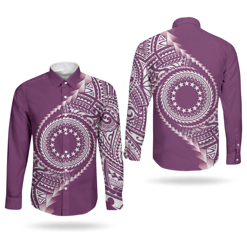 Cook Islands Gospel Day Couples Matching Puletasi and Long Sleeve Button Shirt Maroon Tribal Curves