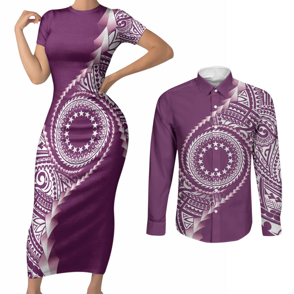Cook Islands Gospel Day Couples Matching Short Sleeve Bodycon Dress and Long Sleeve Button Shirt Maroon Tribal Curves LT05 Maroon - Polynesian Pride