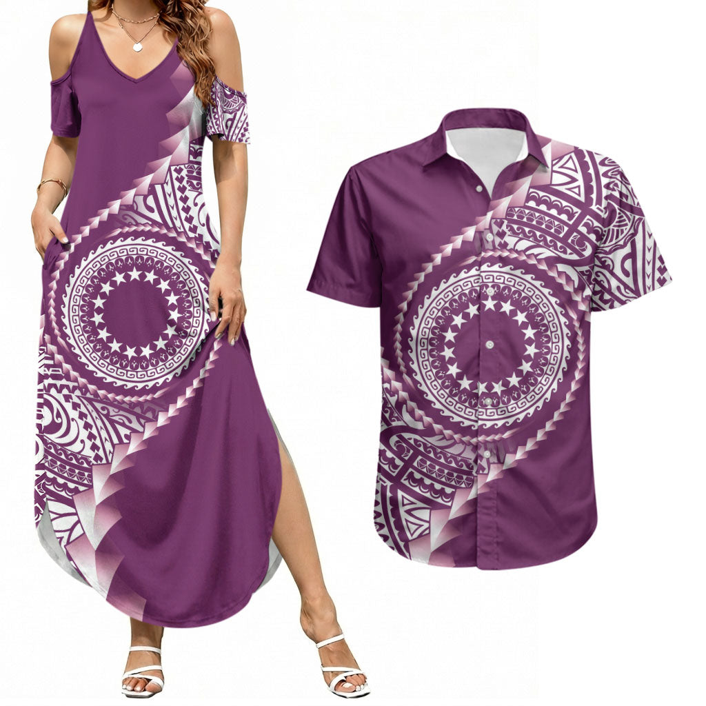 Cook Islands Gospel Day Couples Matching Summer Maxi Dress and Hawaiian Shirt Maroon Tribal Curves LT05 Maroon - Polynesian Pride