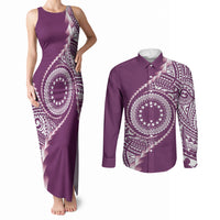 Cook Islands Gospel Day Couples Matching Tank Maxi Dress and Long Sleeve Button Shirt Maroon Tribal Curves LT05 Maroon - Polynesian Pride