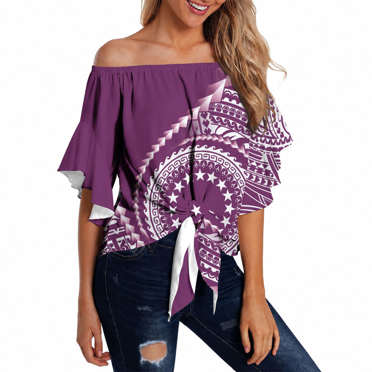 Cook Islands Gospel Day Off Shoulder Wrap Waist Top Maroon Tribal Curves LT05 Maroon - Polynesian Pride