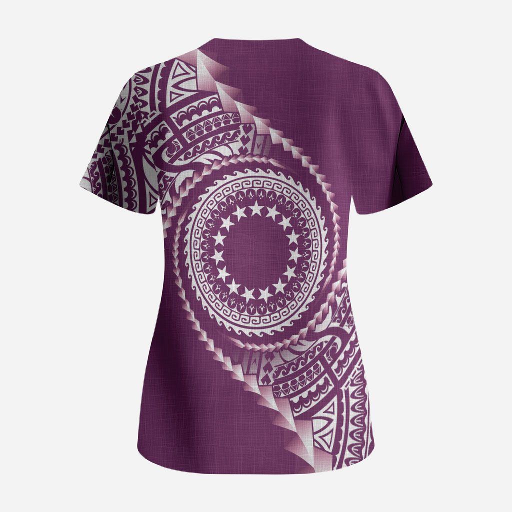 Cook Islands Gospel Day Scrub Top Maroon Tribal Curves LT05 - Polynesian Pride