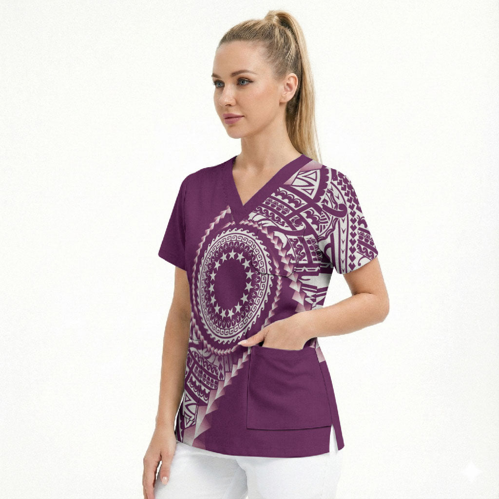 Cook Islands Gospel Day Scrub Top Maroon Tribal Curves LT05 - Polynesian Pride