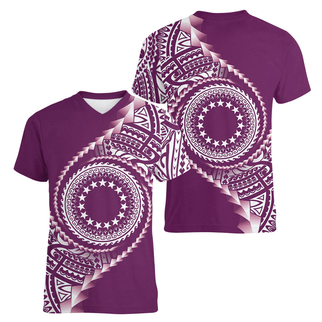 Cook Islands Gospel Day Women V-Neck T-Shirt Maroon Tribal Curves LT05 - Polynesian Pride