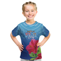 Bula Fiji Day Kid T Shirt Traditional Tapa Pattern With Hibiscus LT05 Blue - Polynesian Pride