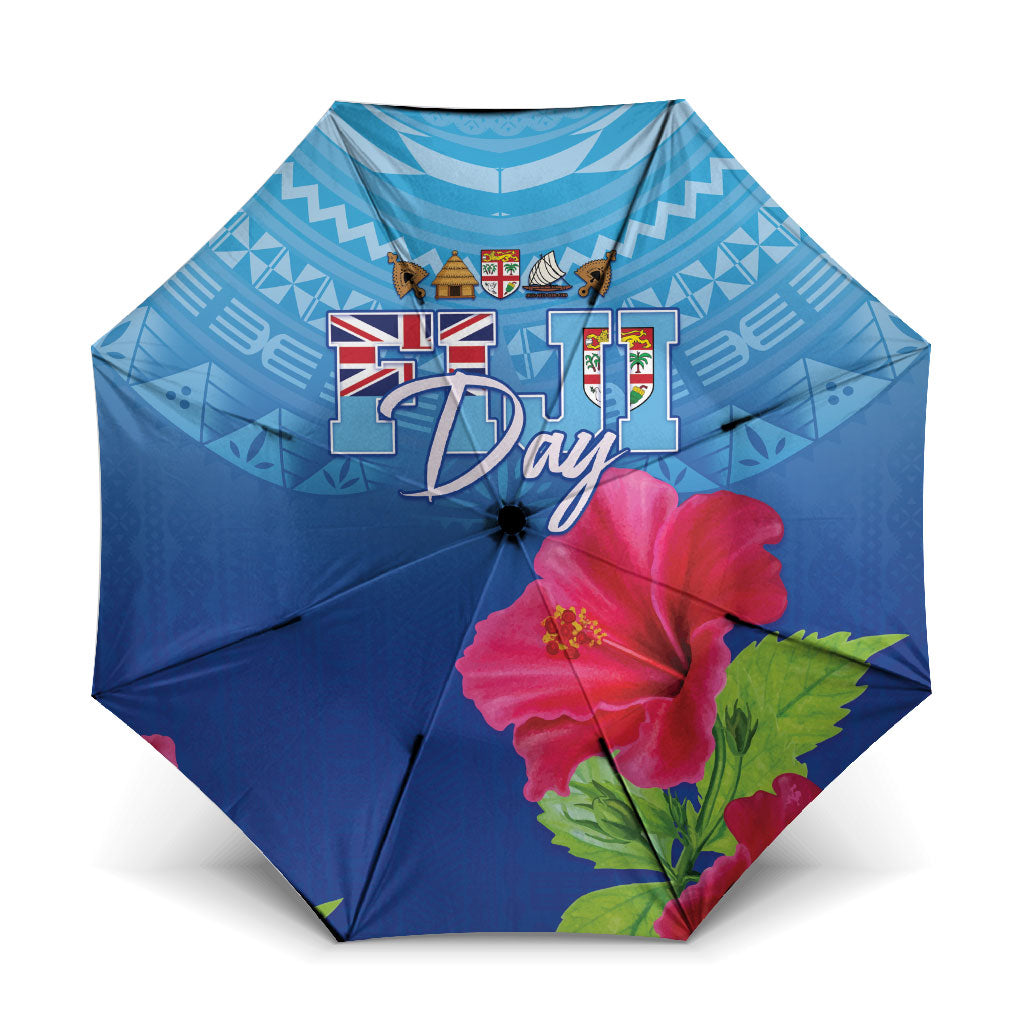 Bula Fiji Day Umbrella Traditional Tapa Pattern With Hibiscus LT05 One Size Folded 11.42 inch Opened Diameter 37.4 inch Blue - Polynesian Pride