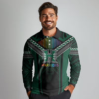 Custom Hawaii Warriors Football Long Sleeve Polo Shirt Rainbow Kakau Pattern Black LT05 - Polynesian Pride