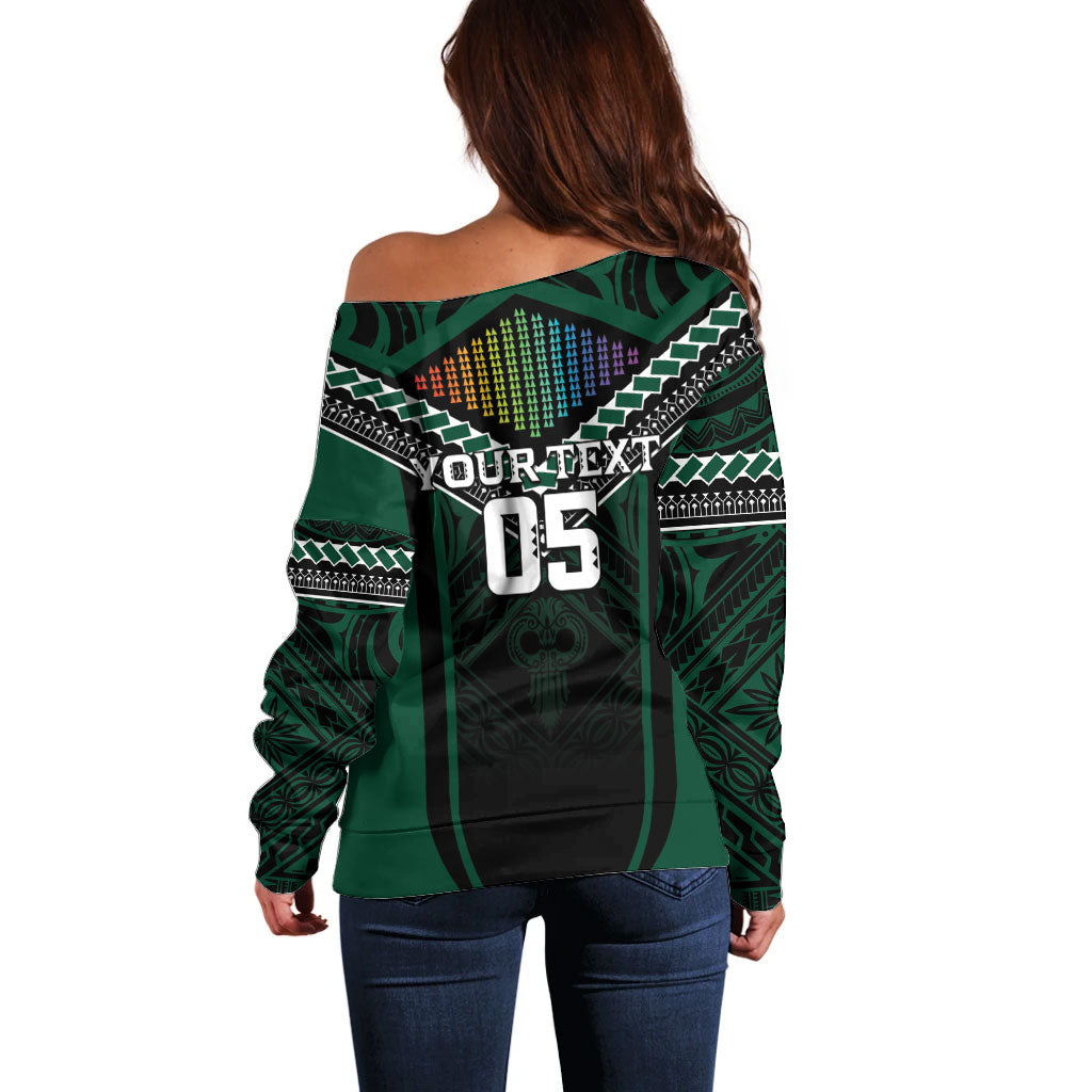 Custom Hawaii Warriors Football Off Shoulder Sweater Rainbow Kakau Pattern Black LT05 - Polynesian Pride